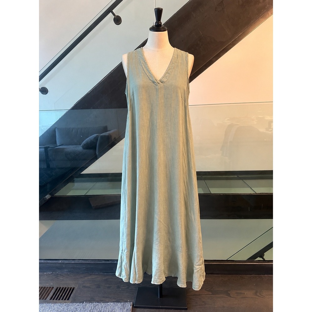 Francesca Bettini Italy Linen V-Neck Ruffle Hem  Dress Sage Green L